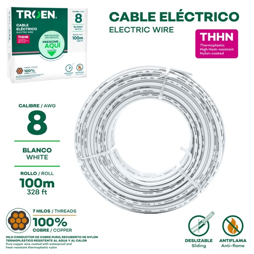 [AWG08-WHI] Cable Electrico #8 X 100m Blanco TROEN