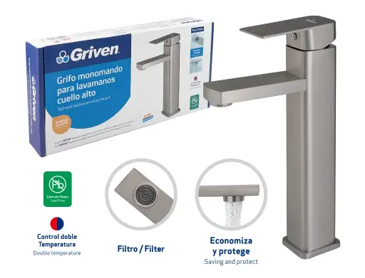 [GV-TMSF-SQ-3-8] Grifo Monomando para Lavamanos Cuello Alto GRIVEN