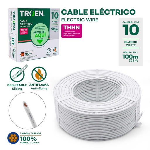 [AWG10-WHI] Cable Electrico #10 X 100m Blanco TROEN