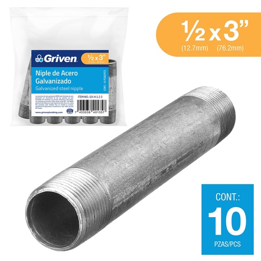 [GV-H-1-2-3] Niple Galvanizado 1/2 X 3" 10pza GRIVEN