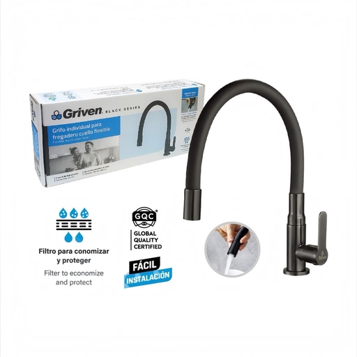 [GV-BSF-01] Grifo Individual para Fregadero Cuello Flexible GRIVEN Black Series