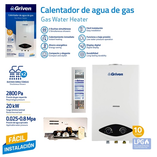 [GV-GWH-W16] Calentador de Agua de Gas 10L 20Kw 2800Pa GRIVEN