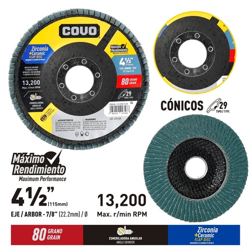 [CV-FDZN115-80] 5-Pack Disco Flap de Circonio y Ceramica 4-1/2" #80 COVO
