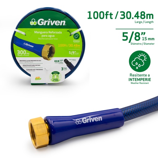 [GVG-PH-100FT-5-8] Manguera Reforzada para Agua 5/8" X 100ft GRIVEN
