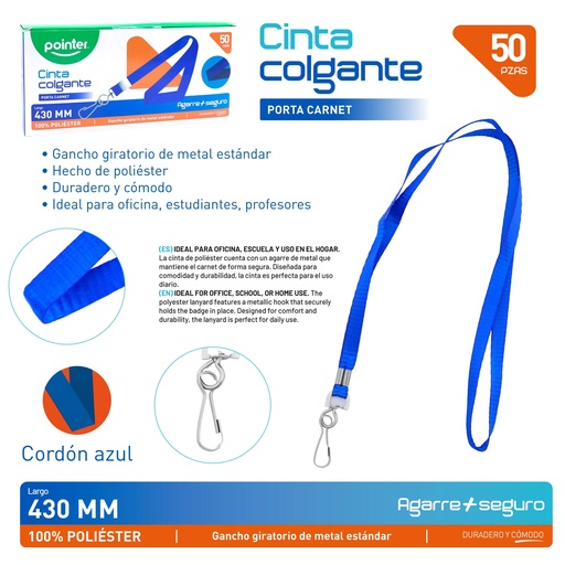 [TCP-N23F-BU] Cinta Colgante Porta Carnet 50pza Azul POINTER