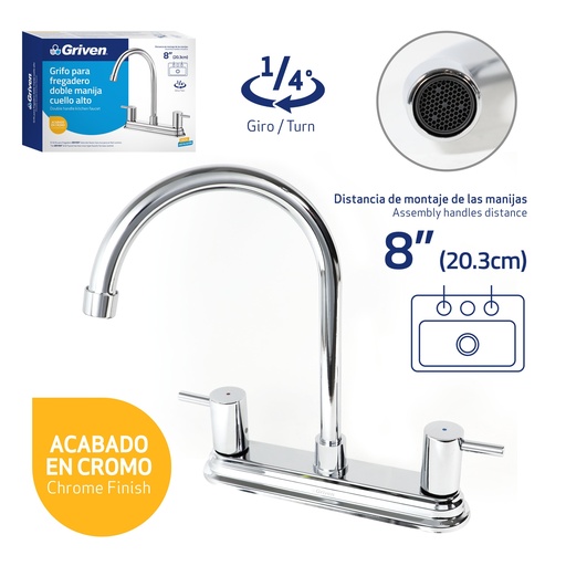 [GV-15061C-K2] Grifo para Fregadero Doble Manija Cuello Alto 8" GRIVEN