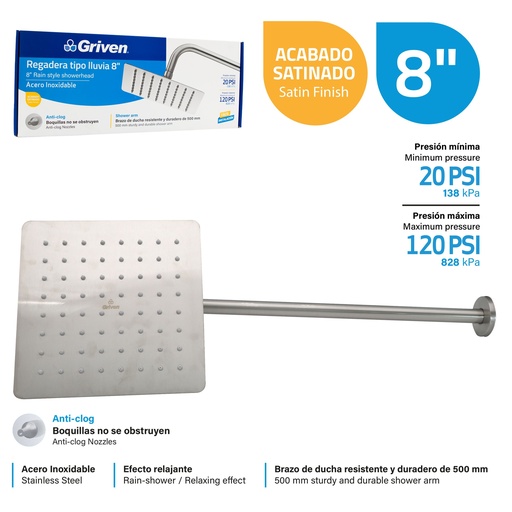 [GV-SHS8-SARM] Regadera Tipo Lluvia 8" Cuadrada GRIVEN