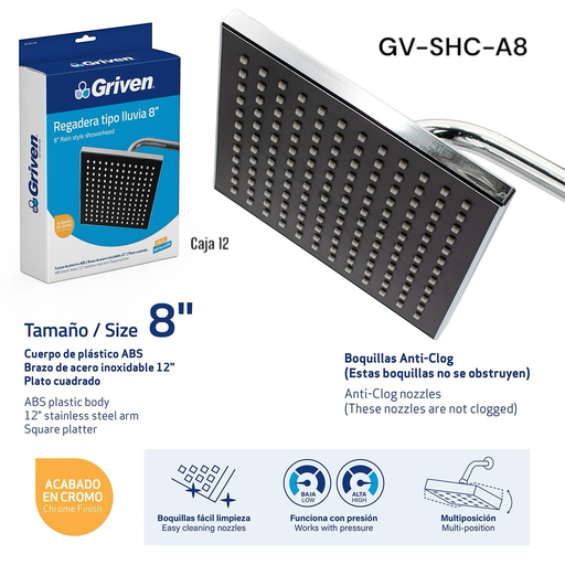 [GV-SHC-A8] Regadera Tipo Lluvia 8" GRIVEN