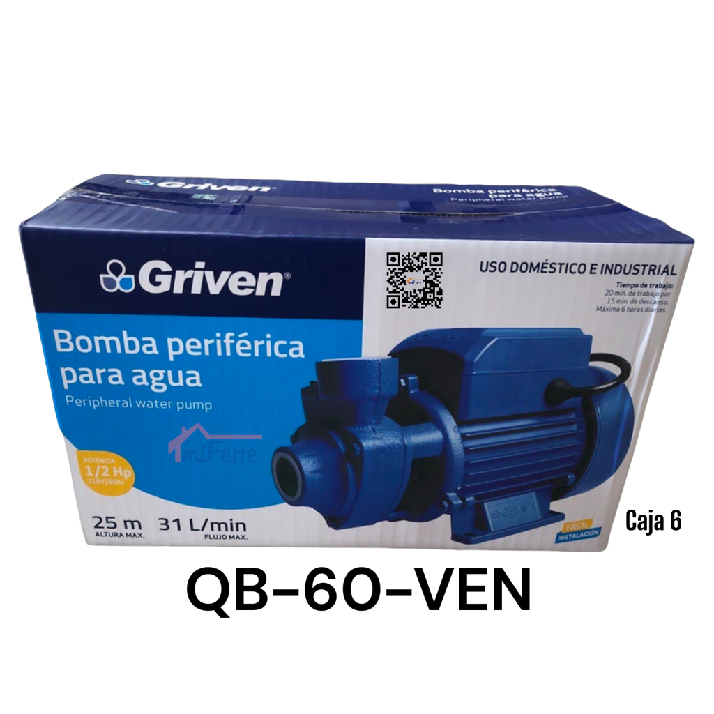 BOMBA PERIFERICA PARA AGUA 1/2HP GRIVEN