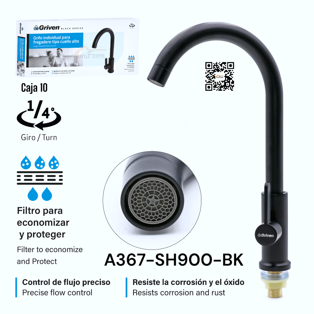 Grifo Individual para Fregadero Tipo Cuello Alto GRIVEN Black Series