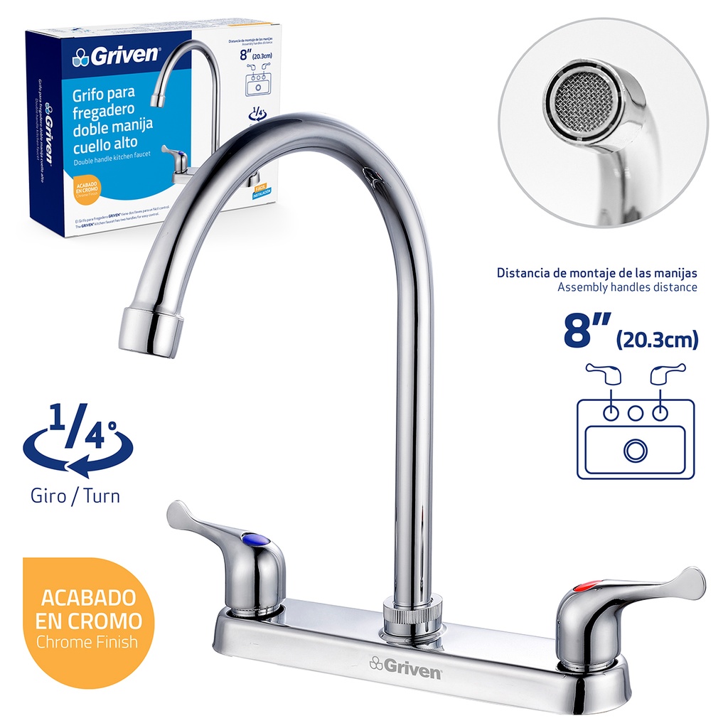 Grifo para Fregadero Doble Manija Cuello Alto GRIVEN