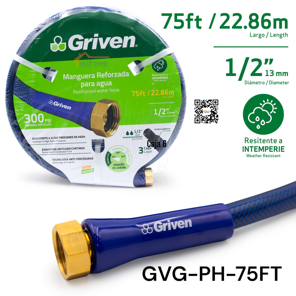 MANGUERA REFORZADA PARA AGUA 1/2 X 75FT GRIVEN