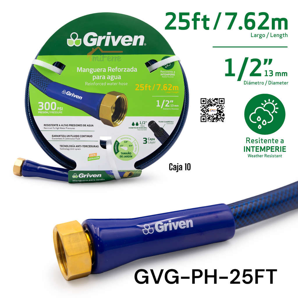 MANGUERA REFORZADA PARA AGUA 1/2 X 25FT GRIVEN