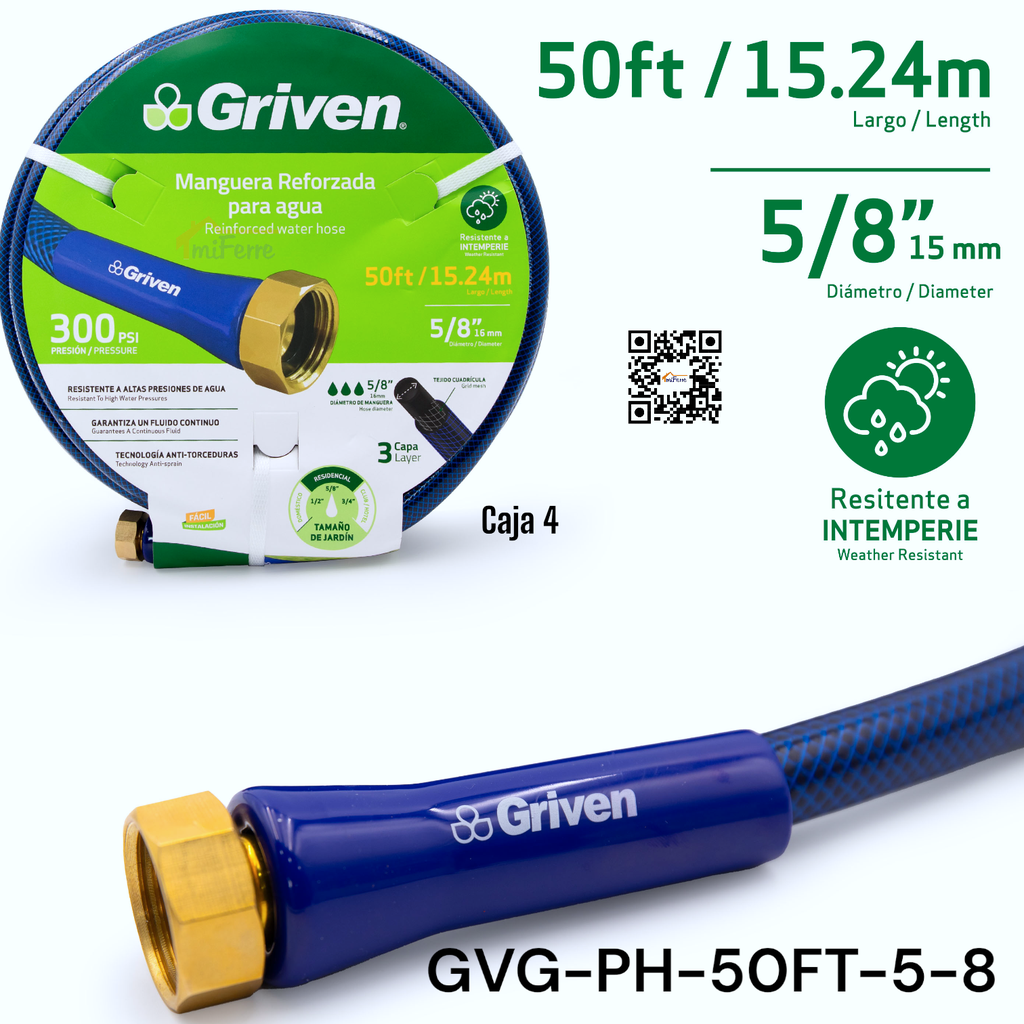 MANGUERA REFORZADA PARA AGUA 5/8 X 50FT GRIVEN