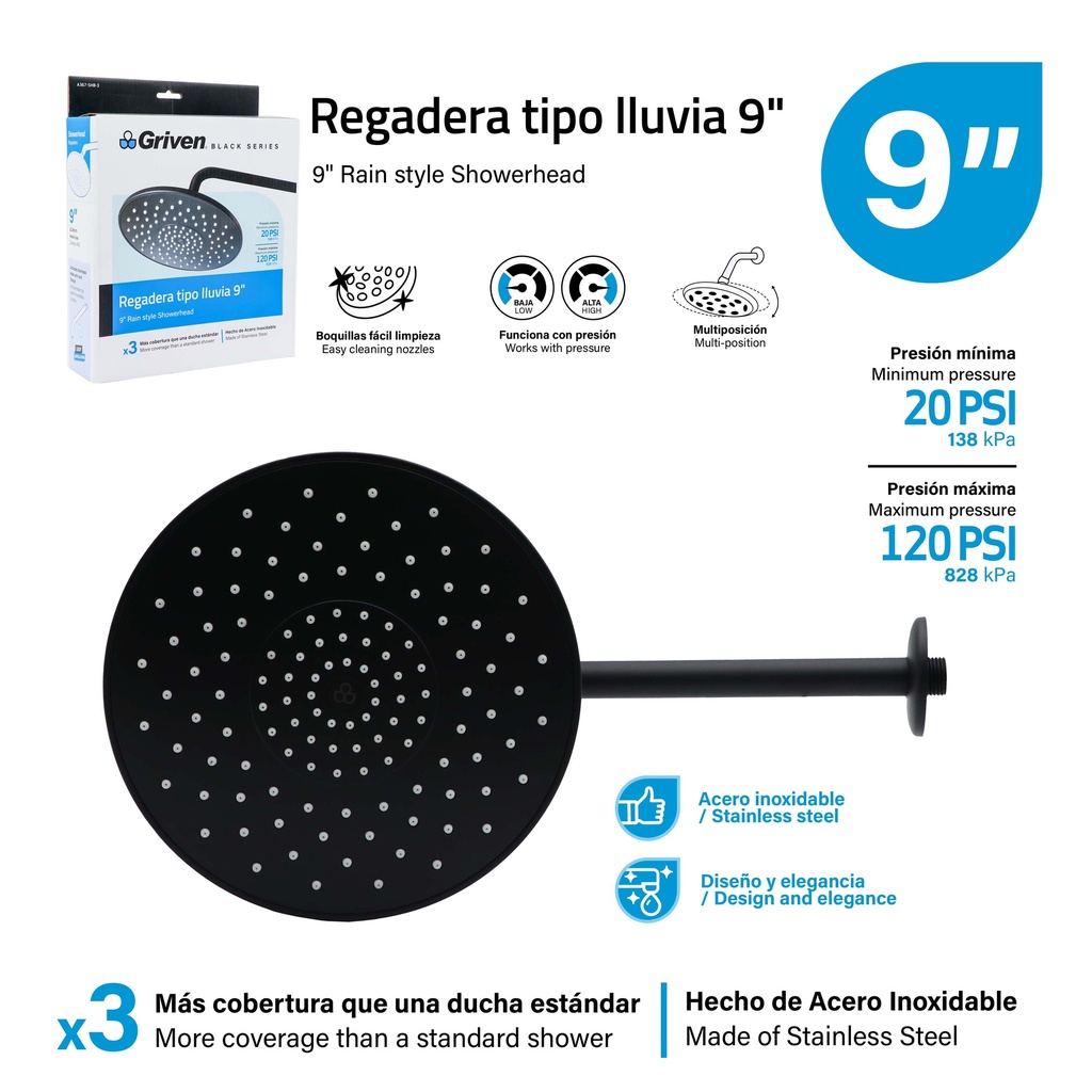 Regadera Tipo Lluvia 9" GRIVEN Black Series