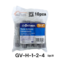 [GV-H-1-2-4] Niple Galvanizado 1/2X4&quot; GRIVEN 10pza