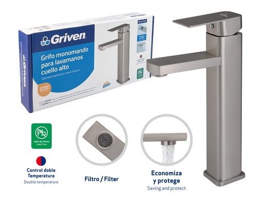 [GV-TMSF-SQ] Grifo Monomando para Lavamanos Cuello Alto GRIVEN