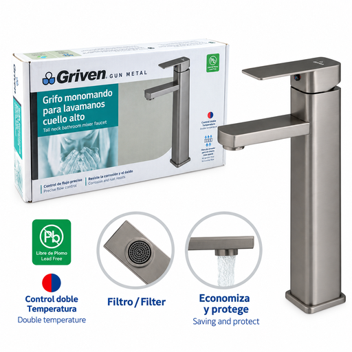 [GV-TMQF-SQ] Grifo Monomando para Lavamanos Cuello Alto GRIVEN