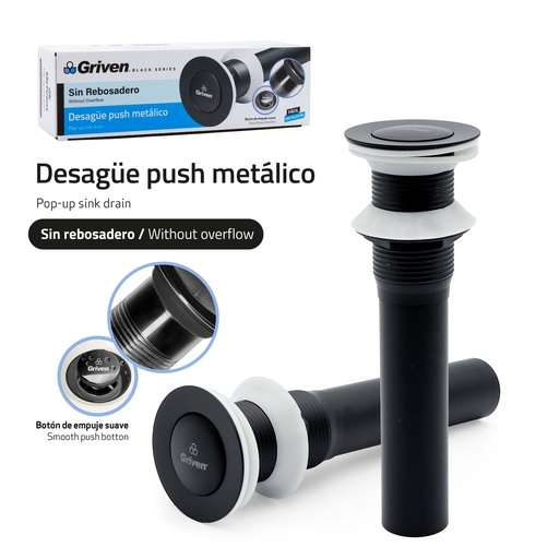 [GV-BL221-W] Desague Push Metalico Sin Rebosadero GRIVEN Black Series